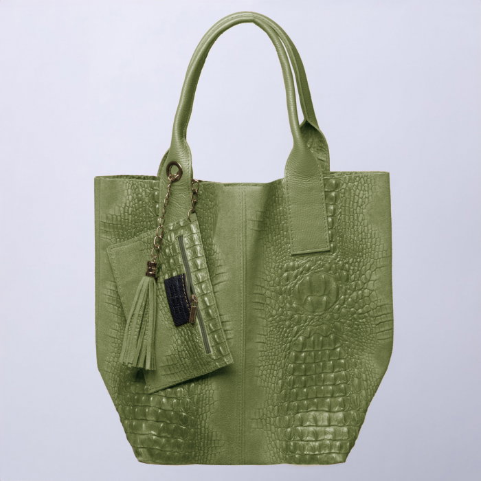 Geanta shopper din piele intoarsa naturala, verde olive