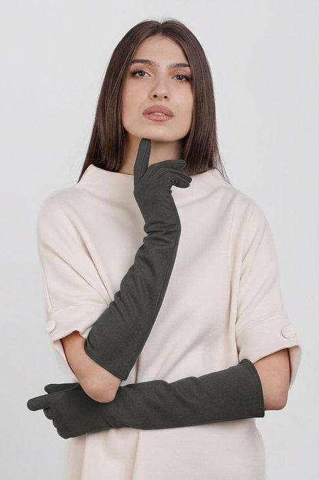 Manusi dama foarte lungi si simple din material textil catifelat gri inchis