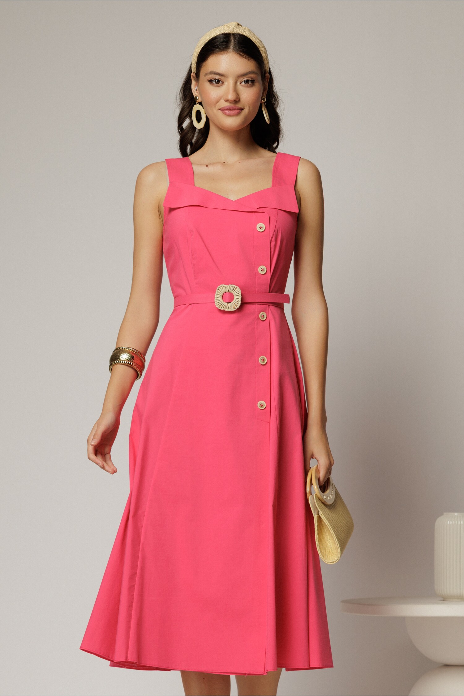Rochie midi fucsia din poplin cu nasturi si curea in talie