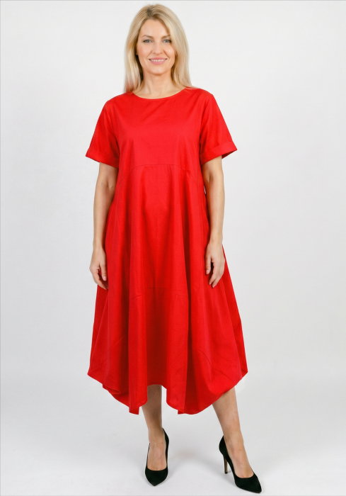 Rochie midi lejera oversize din bumbac, cu croi amplu si colturi, rosie